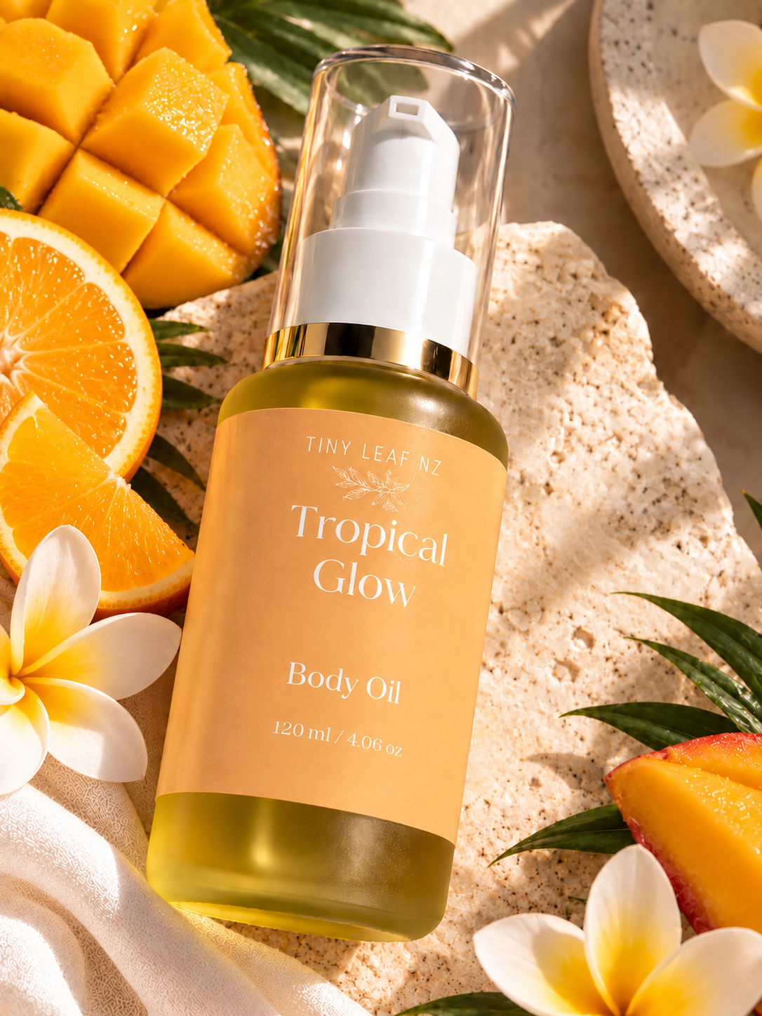 A bottle of Tiny Leaf NZ Tropical Glow Body Oil surrounded by tropical fruits, flowers, and a textured stone surface.