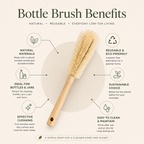 A bottle brush with a light natural wood handle and beige bristles is centered on a cream background with marketing text and icons highlighting product benefits such as natural materials, reusability, eco-friendliness, and effective cleaning.