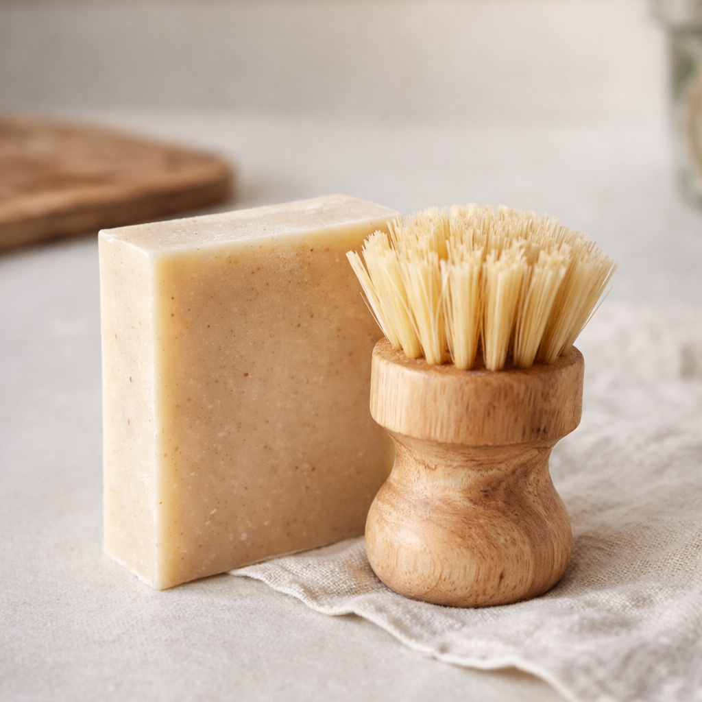 Bar of soap and wooden brush on a light surface