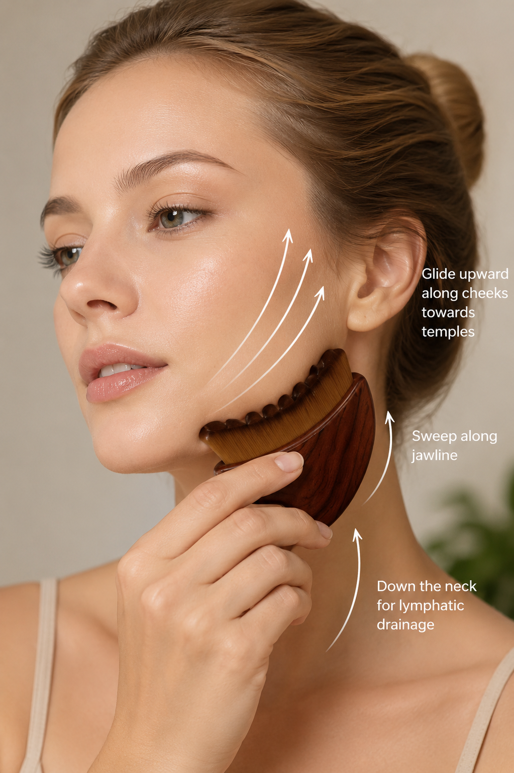 Woman using a wooden brush on her face with directional arrows indicating the brushing technique.