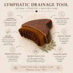 An infographic-style promotional graphic for a wooden lymphatic drainage massage tool. The central subject is a curved brown wooden tool with a textured handle, shown on a warm beige background with decorative text callouts, arrows, and a small olive branch illustration.