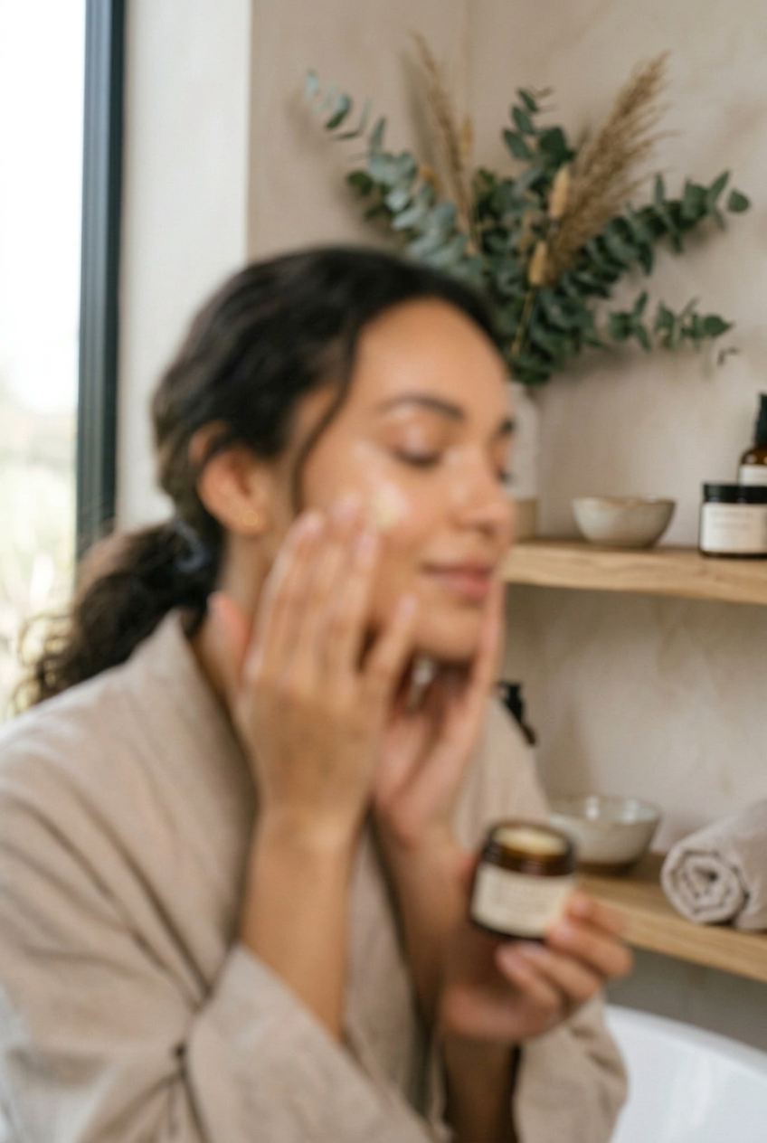 A woman in a beige robe applies cream to her face while holding a small amber jar labeled Botanick Organics in a softly lit bathroom setting.