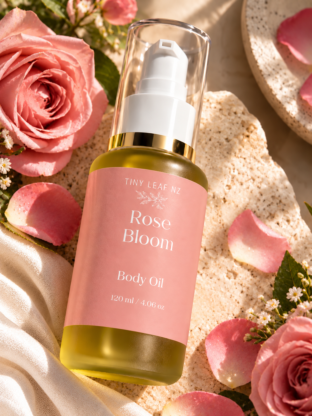 A bottle of Tiny Leaf N2 Rose Bloom Body Oil, filled with golden-yellow oil and featuring a pink label, styled with pink roses, petals, and a textured stone surface.