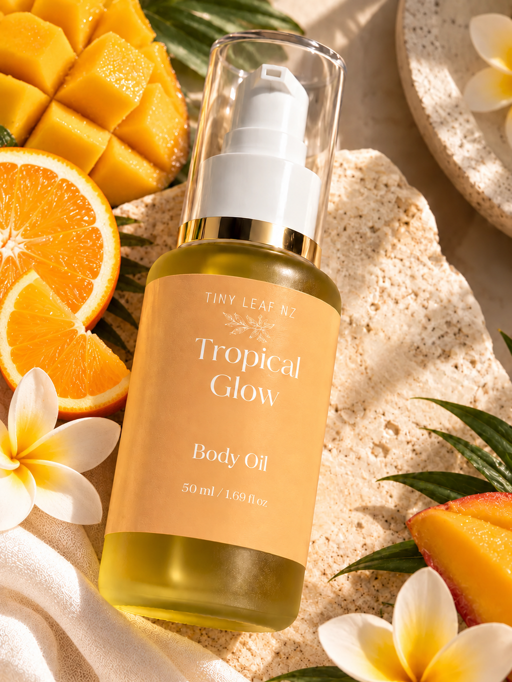 A bottle of Tiny Leaf N2 Tropical Glow Body Oil surrounded by tropical fruits, flowers, and a textured stone surface.