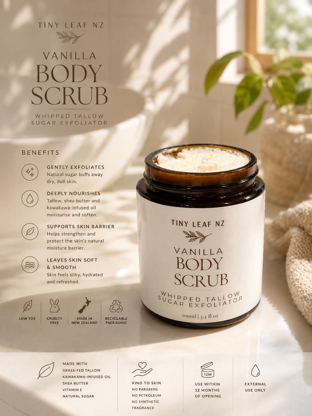 A jar of Tiny Leaf NZ Vanilla Body Scrub is shown on a warm beige background with a matching informational panel and benefit icons. The product is in an amber glass jar with a white label and is topped with whipped tallow.