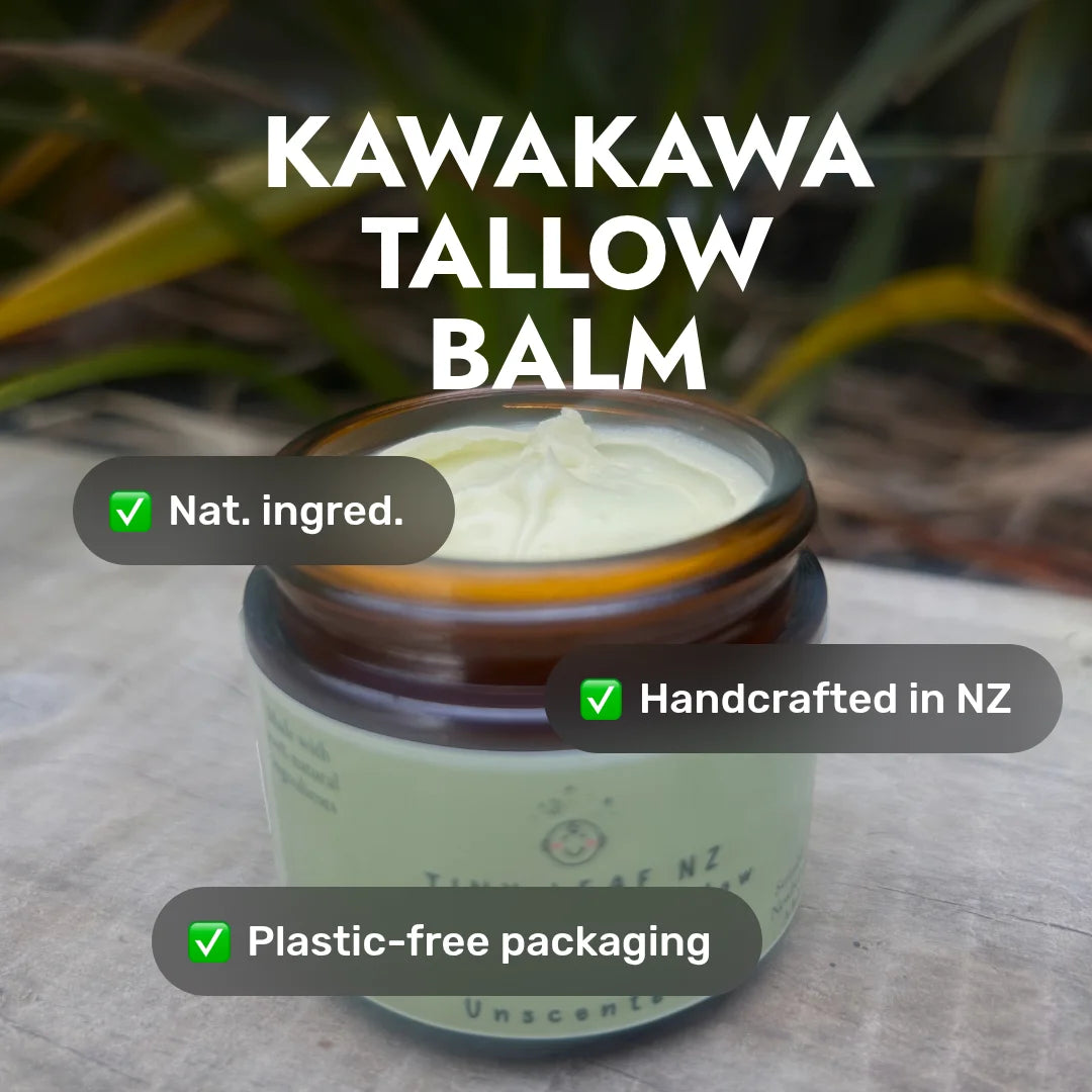 Jar of Kawakawa Tallow Balm with natural ingredients and NZ craftsmanship details.